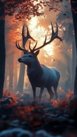 Stag standing in misty autumn forest at sunrise light.