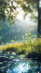 Gentle forest pond with glowing light and new green growth.