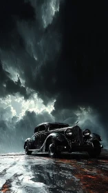 Stormlit vintage coupe under turbulent cumulonimbus sky.