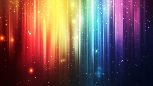Vibrant Rainbow Light Beams with Sparkling Stars, Digital Abstract Art.