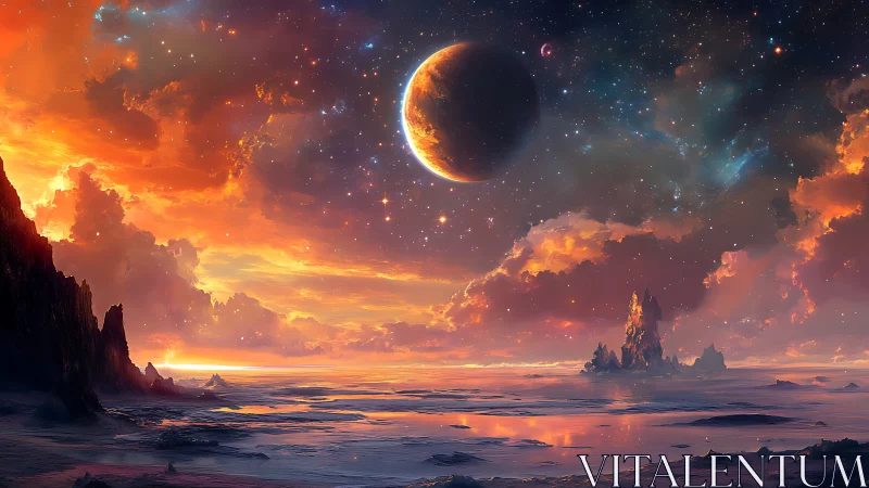 Alien shoreline under glowing nebula sky and planet.