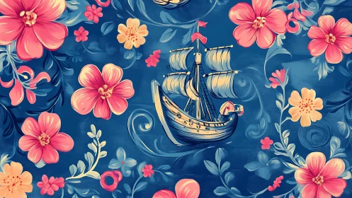 Sailing ship illustration placed among stylized floral motifs