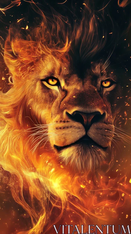 Volumetric fire lion portrait with incandescent ember mane