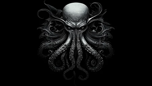 Monochrome Lovecraftian cephalopod bust with ornate tendrils