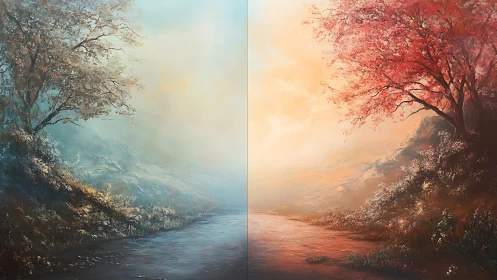 Twin seasons converge along a dreamlit riverside path.