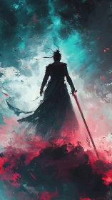 Digital painting of lone swordsman in cinematic backlit mist.