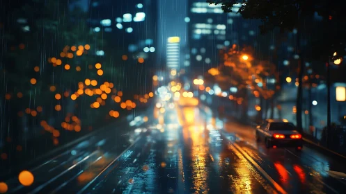 Rainy urban street scene shows blurred traffic and lights