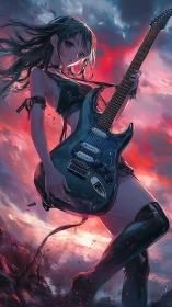 Dynamic anime guitarist framed by dramatic backlit storm sky