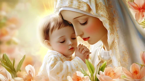 Tender mother and child embraced in glowing spring light.