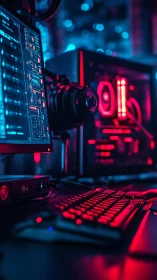 Neon command station bathing cyber keyboard in electric glow.