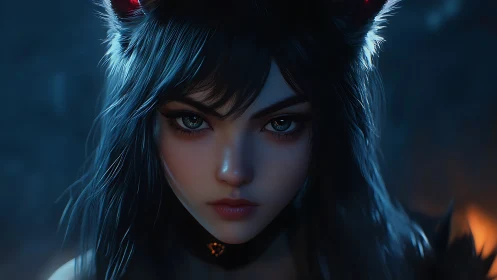 Digital painting portrait of intense cat-eared heroine.