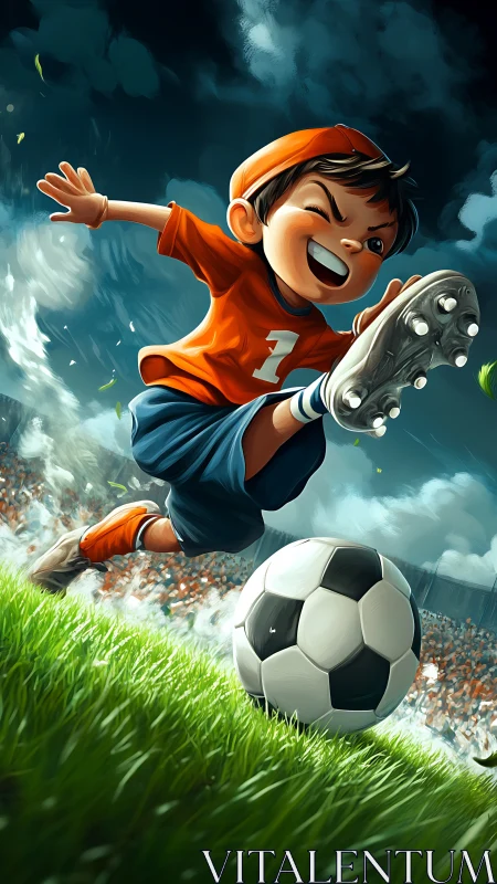 Dynamic youth striker in orange kit driving ball forward.