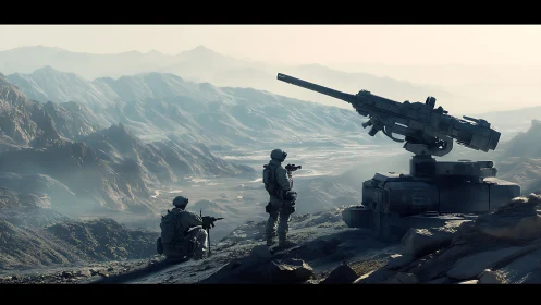 Futuristic soldiers with heavy artillery in rocky valley.