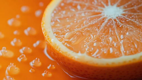 Macro close-up of sliced orange with water droplets on surface.