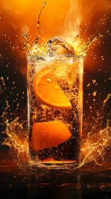 Explosive Citrus Beverage Splash Against Warm Backdrop.