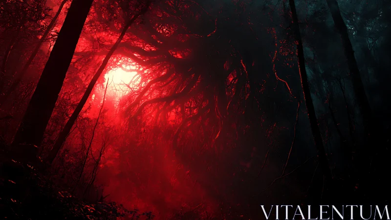 Glowing red forest core with dark organic tendrils looming.