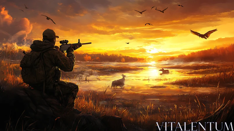 Sunset hunter steadies breath as golden wetlands ignite