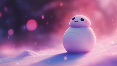 Snowy puffbot smiles softly under glowing pink twilight