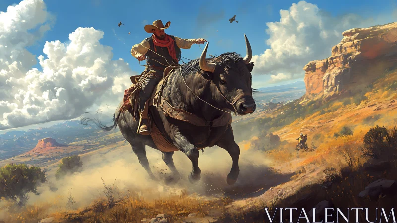 Dynamic cowboy bull ride under volumetric clouds in desert canyon