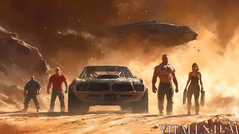 Four armed figures and car in dusty desert environment.