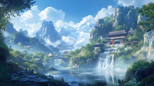 Misty mountain temple above cascading river falls at dawn.