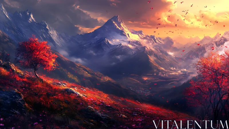 Crimson autumn valley unfolds beneath blazing alpine sunset.