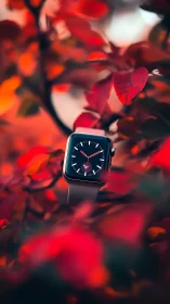 Smartwatch rests among vivid red autumn foliage