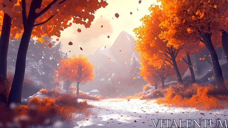 Autumn Forest Path: Golden Leaves and Mountain Light.