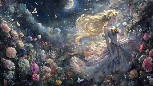 Moonlit blonde heroine in ethereal floral fantasy garden.