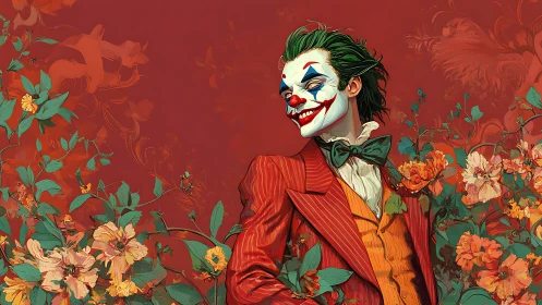 Clown in red suit amid floral chaos on saturated backdrop.