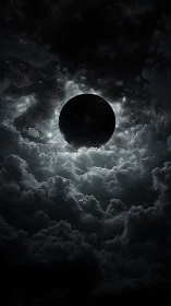 Celestial eclipse sphere emerging from storm-lit nebular clouds.