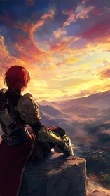 Sunset warrior resting above a quiet golden valley.