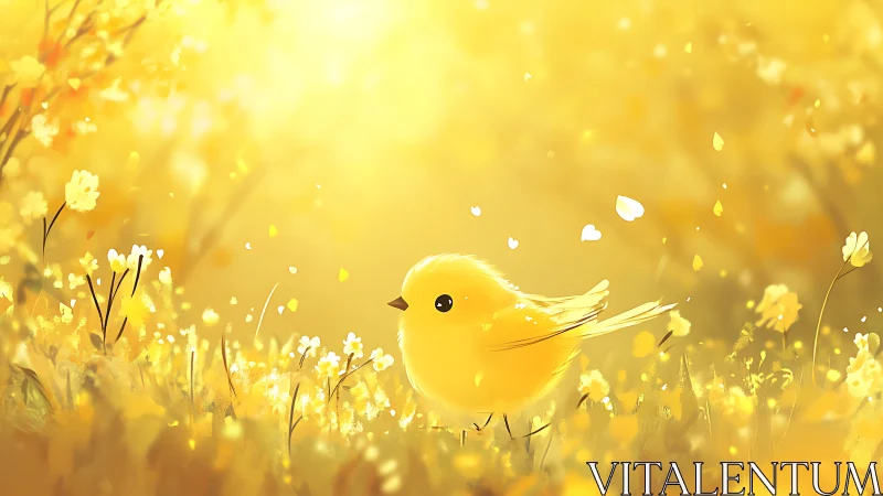 Golden songbird amid sunlit blossoms in soft focus meadow.