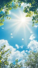 Sunlit sky framed by gentle leaves and drifting petals.