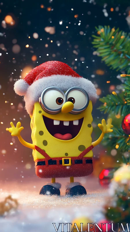Cheerful cartoon sponge celebrates a magical snowy Christmas