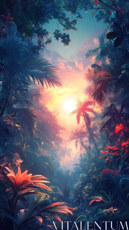 Sunlit tropical jungle with dense foliage at dawn.