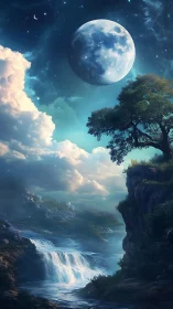 Moonlit waterfall cascades through a serene dreamscape night