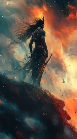 Storm-wreathed warrior on a burning cliff of molten dusk.