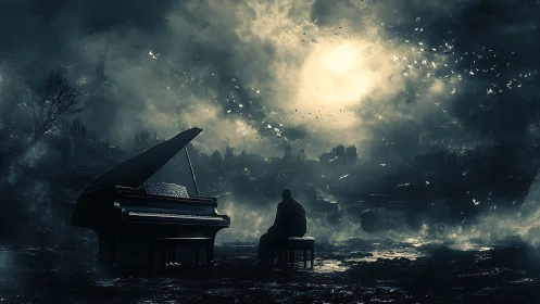 Solitary pianist beneath apocalyptic moonlit stormscape.