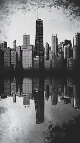 Monochrome highrise skyline mirrored on distressed urban water
