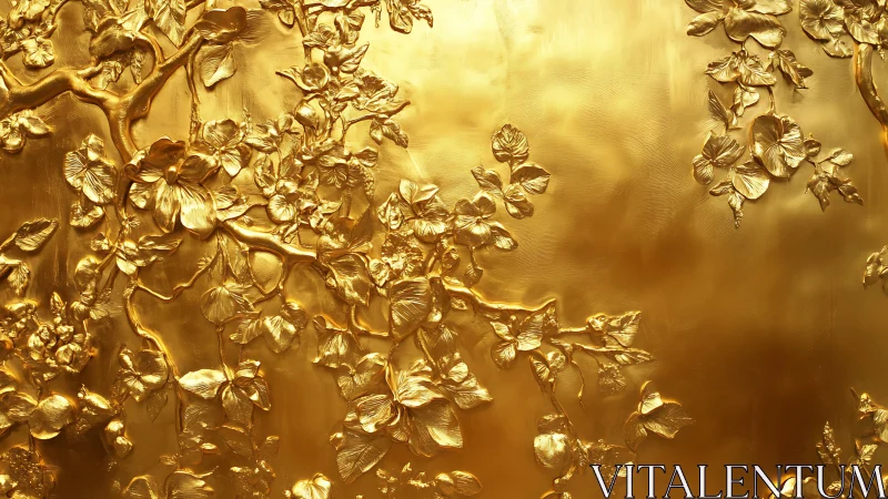 Golden floral wall relief bathed in soft, glowing light.