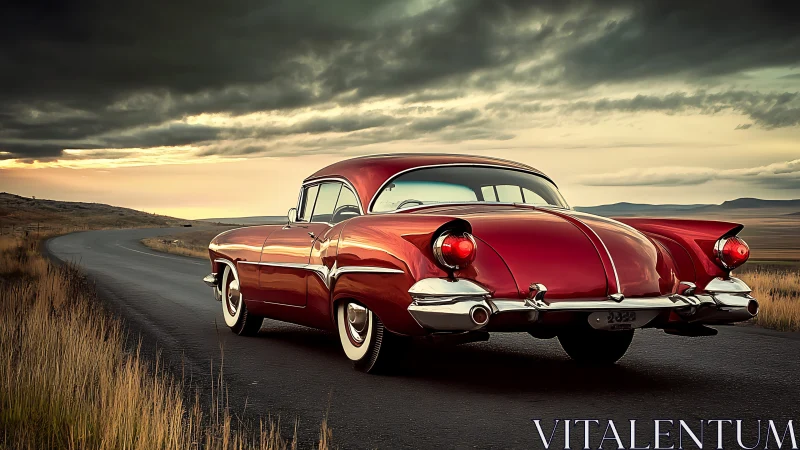 Vintage red coupe curves along stormlit rural highway.