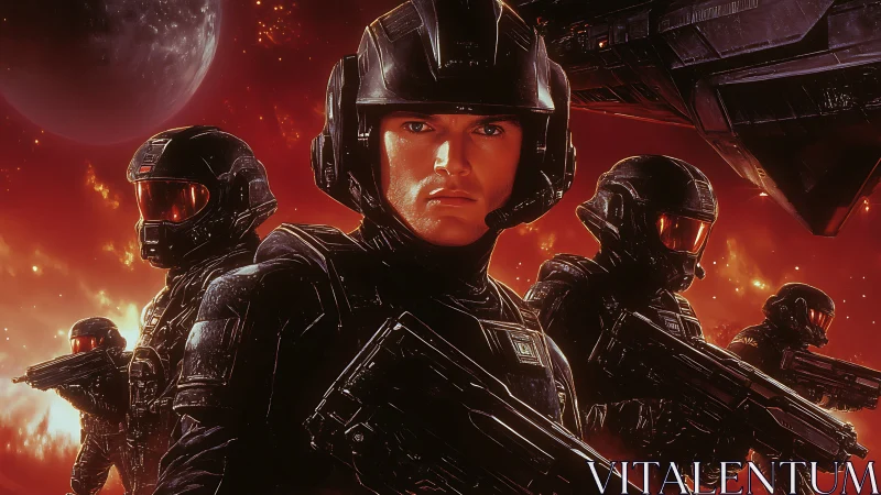 Armored space marines poised against burning cosmic battlefield.