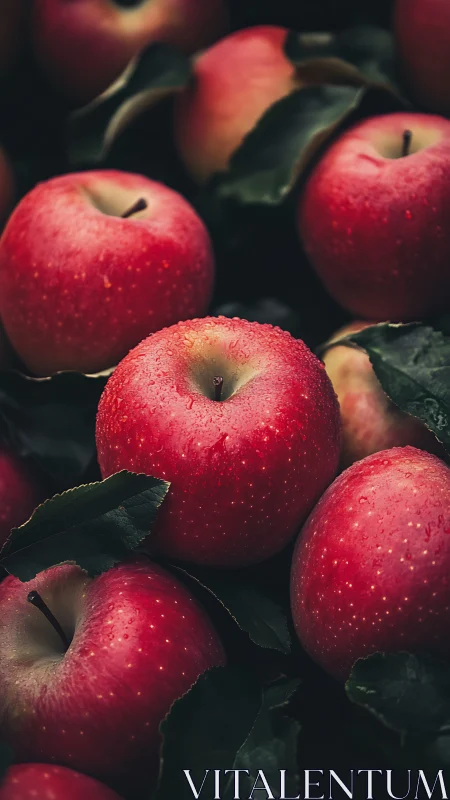 Morning dew on crimson orchard apples in leafy shadow chorus.