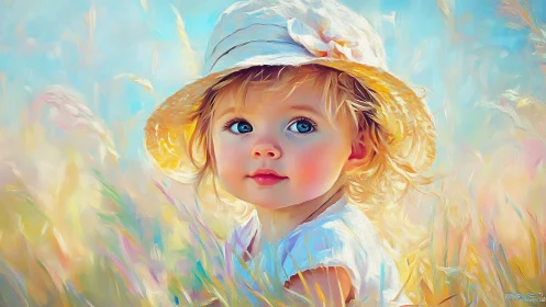 Golden-Haired Toddler in Summer Straw Hat and Blue Dress