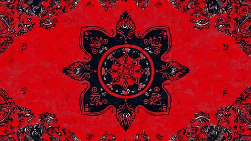 Radial mandala bandana motif with distressed textile grain and noise