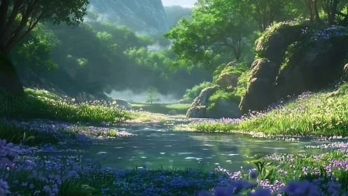 Gentle riverside meadow where sunlight and wildflowers meet.