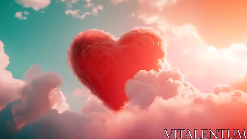 Crimson Heart Drifting Through Cotton Cloud Dreamscape.