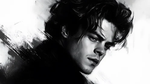 Monochrome digital portrait with expressive brush abstraction.