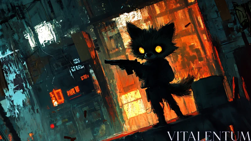 Neon-eyed fox vigilante guards a burning alleyway doorway.